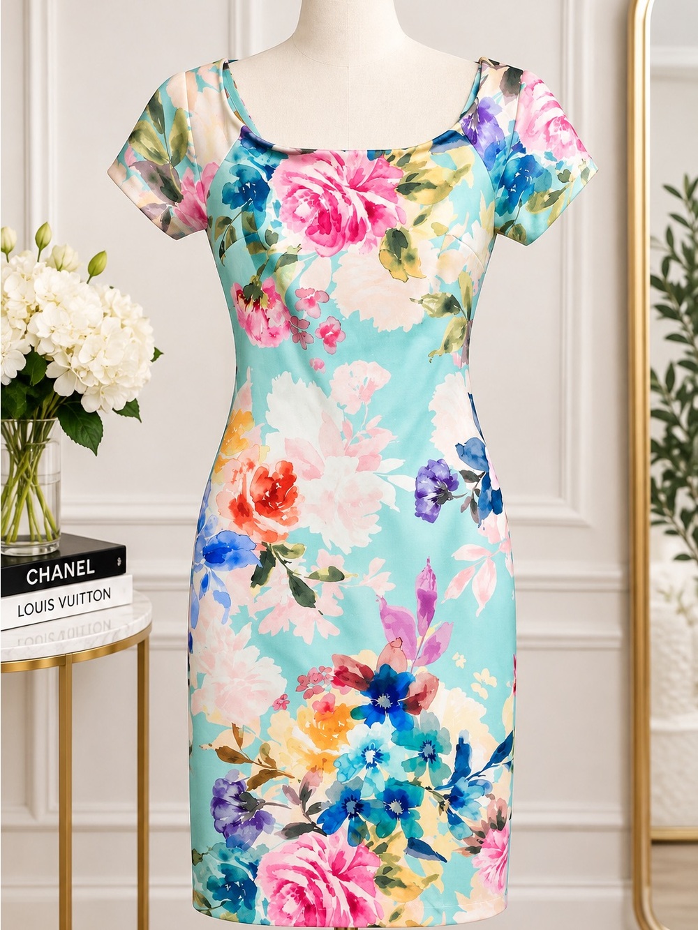 Calvin Klein Aqua Floral Scoop-Neck Sheath Dress